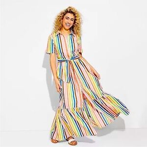 Pride Adult Short Sleeve Button Front Tie Waist Maxi Dress Rainbow Striped